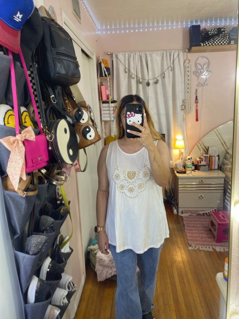 Chelsea & Theodore White Tank Top with Gold Floral Embroidery